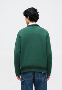 Zöld kötött pulóver bordázott mandzsettával és szegéllyel, texturált anyagot bemutatva. Világoskék galléros ing fölött viselve, hátulnézetben.