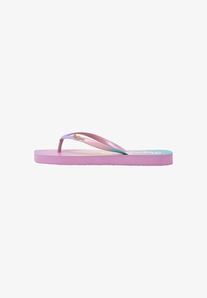 Infradito in gradiente rosa e blu, con una suola in gomma liscia, sottili cinturini e un accento in oro con il logo sulla cinturina.
