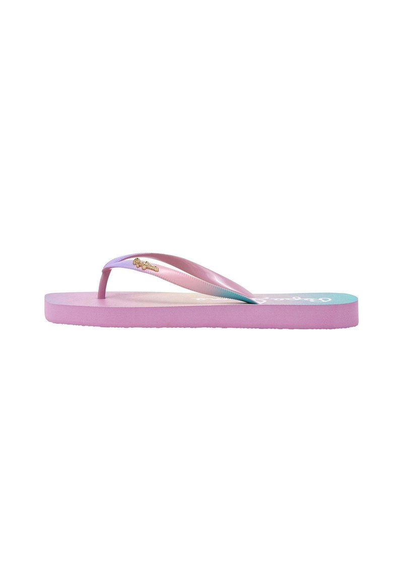 Flip-flops in een verloop van roze naar blauw, met een gladde rubberen zool, dunne bandjes en een gouden logo-accent op het bandje.