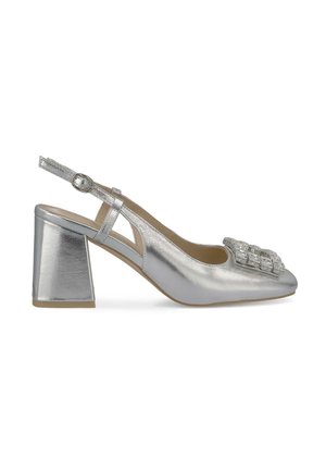 Sandal con tacco a blocco in metallic silver, punta quadrata e decorazione a gemma sulla parte frontale. Superficie liscia e lati aperti.