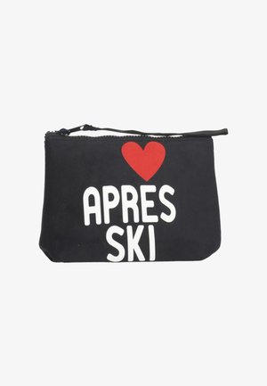 Czarna saszetka na zamek z białym napisem "APRES SKI" i czerwonym symbolem serca nad napisem.