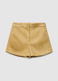 Khaki shorts made of smooth fabric, featuring a button closure, two front pockets, and a slightly flared hem. Simple and clean design.