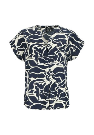 Marineblouse met crèmekleurig golvend abstract patroon, korte mouwen, V-hals, lichtgewicht stof en knoopsluiting aan de voorkant.