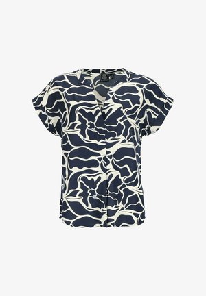 Marineblouse met crèmekleurig golvend abstract patroon, korte mouwen, V-hals, lichtgewicht stof en knoopsluiting aan de voorkant.