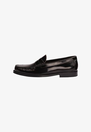 Black leather men's loafer with a moc toe, penny slot detail, low heel, and glossy finish, shown from the side on a white background.