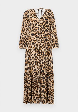 Robe en imprimé léopard avec un décolleté en V, des manches longues et un ourlet froncé en plusieurs niveaux. Fabriquée à partir d'un tissu lisse. Présente un détail de lien au dos.