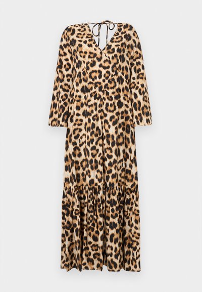 Robe en imprimé léopard avec un décolleté en V, des manches longues et un ourlet froncé en plusieurs niveaux. Fabriquée à partir d'un tissu lisse. Présente un détail de lien au dos.