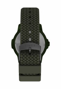 Groene rubberen bandhorloge met een gestructureerd ontwerp, een ronde kast en een grijze metalen gesp met het 'TIMEX'-logo erin geperst.