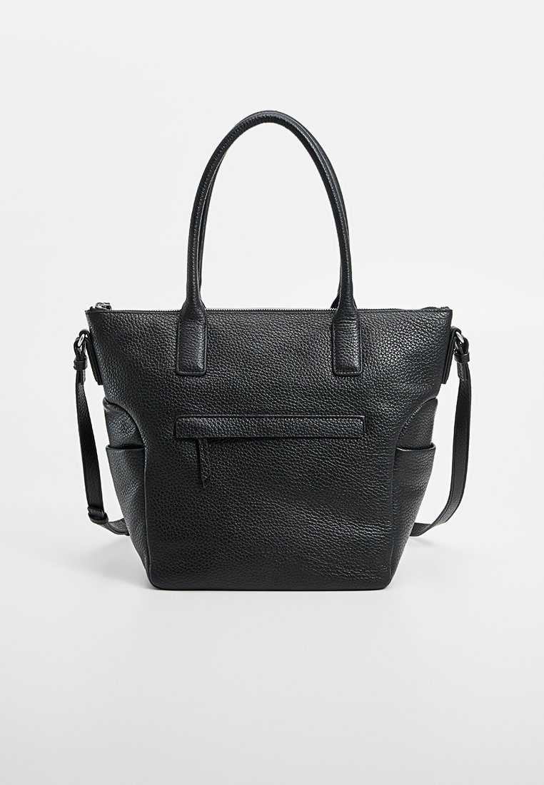 Schwarze Laptoptasche aus Leder mit strukturiertem Finish, doppelten oberen Griffen, abnehmbarem Schultergurt und einer Tasche mit Reißverschluss auf der Vorderseite.