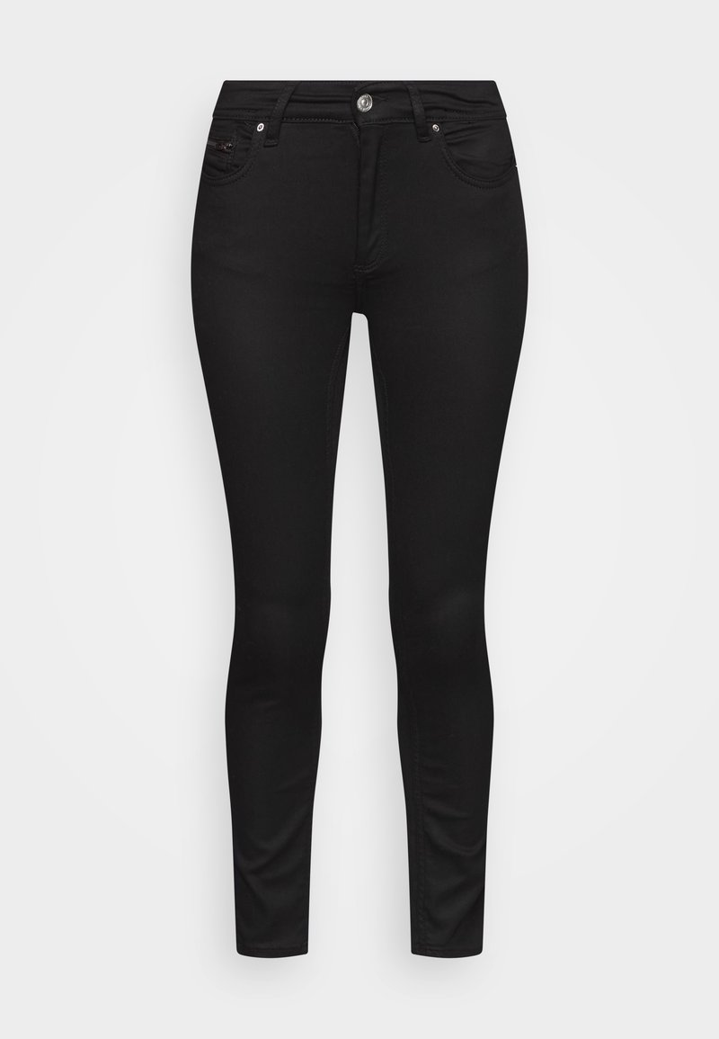 Jean noir coupe slim avec bouton et fermeture éclair à l’avant, présentant un design cinq poches, affiché sur un fond clair uni.