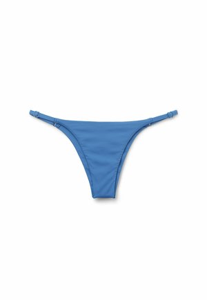 Blauer Bikini-Unterteil mit verstellbaren Seitenriemen, glatter Textur, minimalistischem Schnitt und ohne sichtbare Muster oder Beschläge.