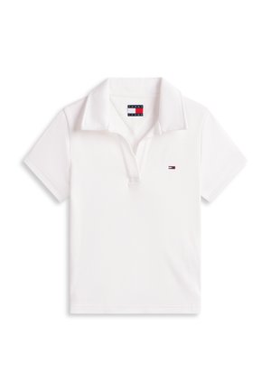 Valge lühikeste varrukatega polo särk kraega, vasakul rinnal väike Tommy Jeans logo ja krae sees Tommy Jeans silt.