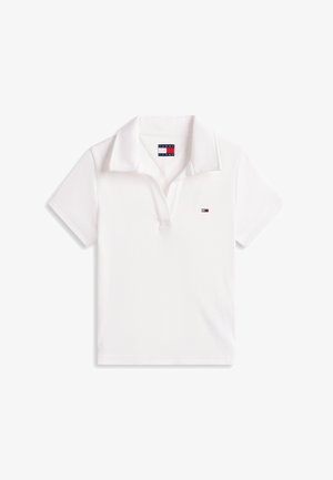 Valge lühikeste varrukatega polo särk kraega, vasakul rinnal väike Tommy Jeans logo ja krae sees Tommy Jeans silt.