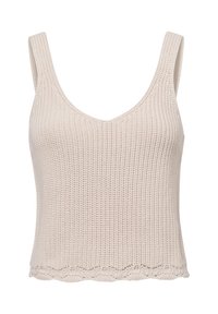 Beige knit tank top with a v-neck and wide straps. Features a textured pattern and scalloped hem. Suitable for casual wear.
