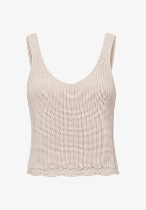 Beige knit tank top with a v-neck and wide straps. Features a textured pattern and scalloped hem. Suitable for casual wear.