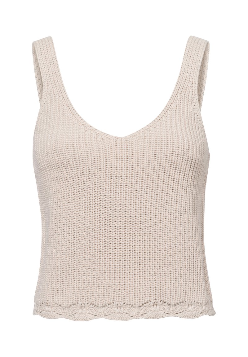 Beige knit tank top with a v-neck and wide straps. Features a textured pattern and scalloped hem. Suitable for casual wear.