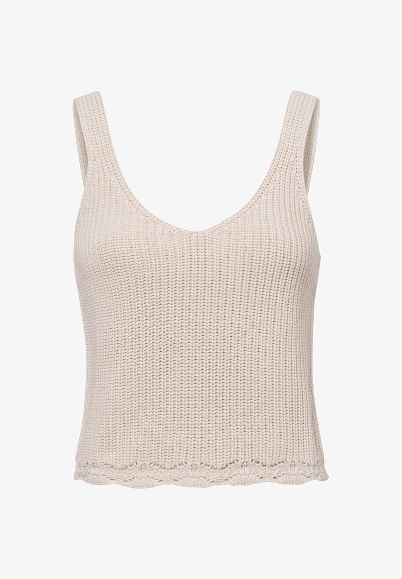 Beige knit tank top with a v-neck and wide straps. Features a textured pattern and scalloped hem. Suitable for casual wear.