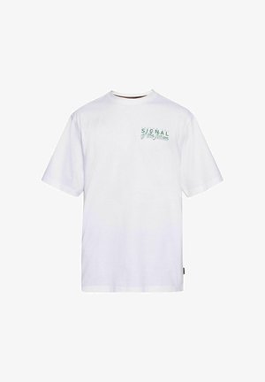 Biela bavlnená tričko s krátkym rukávom a okrúhlym výstrihom. Na ľavej strane hrudi má zelený nápis "SIGNÁL budúcnosti".