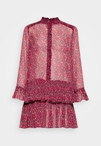 Sheer, long-sleeve dress in deep burgundy with a floral pattern in shades of pink and blue. Features ruffled neckline and hemline.