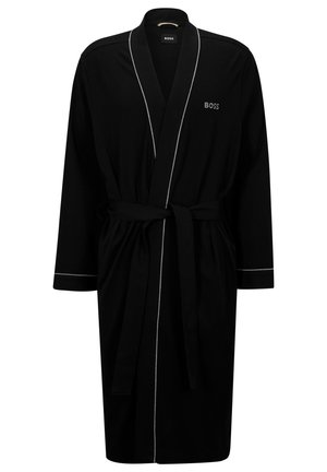 Black bathroom robe made of soft fabric, featuring a belt, shawl collar, long sleeves, and gray piping along the edges. BOSS logo on chest.