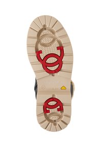 Podešev boty s béžovou gumovou základnou, texturovaným vzorem, červenými akcenty a značkou "BOGNER ALPI 37" a žlutým emblémem.