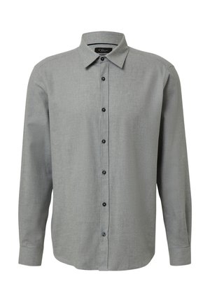 Long-sleeve gray button-up shirt with a collared neckline, black buttons, and a textured fabric. Simple design with no patterns or accents.