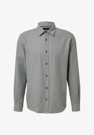 Grijs overhemd met lange mouwen en knopen, met een kraag, zwarte knopen en een gestructureerde stof. Eenvoudig ontwerp zonder patronen of versieringen.