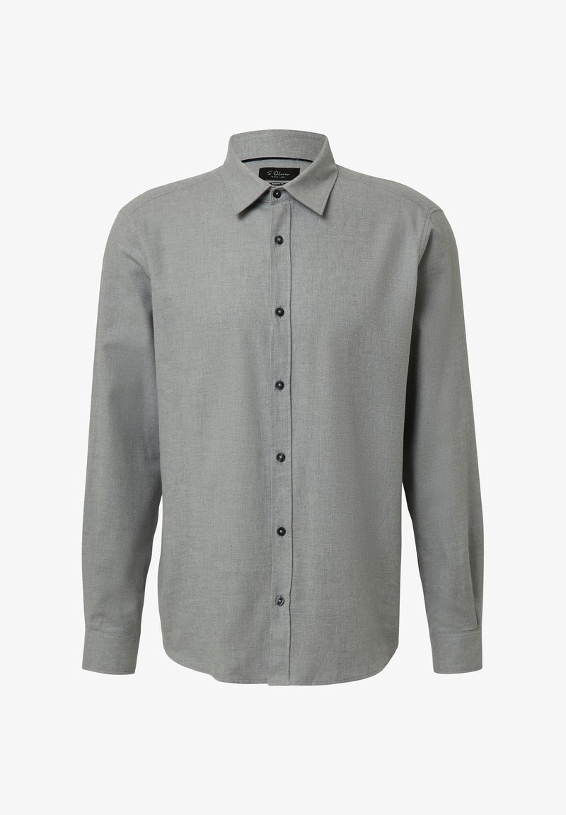 Camicia grigia a manica lunga con bottoni, collo con risvolto, bottoni neri e tessuto strutturato. Design semplice senza motivi o decorazioni.