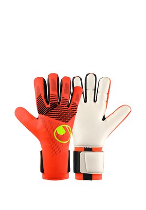 Paar orange-weiße Torwarthandschuhe mit schwarzen Details und Handgelenksbändern, einer zeigt die Handinnenfläche, der andere die Rückseite der Hand.