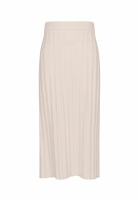 Knit midi skirt in soft beige with ribbed texture, featuring a flexible waistband and a straight silhouette. No visible closures or accents.