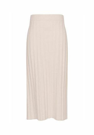 Strick-Midi-Rock in sanftem Beige mit gerippter Textur, ausgestattet mit einem flexiblen Bund und einer geraden Silhouette. Keine sichtbaren Verschlüsse oder Verzierungen.