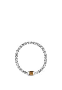 Bracciale in metallo argentato con maglie intrecciate, dotato di un centro in pietra marrone rettangolare e accenti lucidi.
