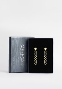 Guldtonede øreringe med sammenkoblede cirkulære designs præsenteret i en sort fløjlskasse med et sølvtekstureret låg og brandlogo.