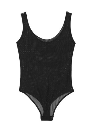 Costume intero nero con scollatura a barca, caratterizzato da una superficie texturizzata decorata con piccoli accenti lucidi.