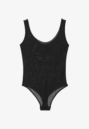 Maillot de bain une pièce noir avec une encolure dégagée, présentant une surface texturée ornée de petits accents brillants.