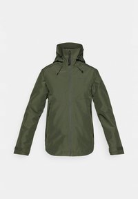 Veste imperméable vert olive avec capuche ajustée, deux poches devant, cordon de serrage réglable et poignets à velcro ; texture lisse, design minimaliste.