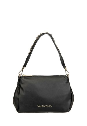 Sac à bandoulière Valentino noir avec clous dorés sur la sangle, fermeture éclair dorée et logo doré à l'avant, en cuir texturé.