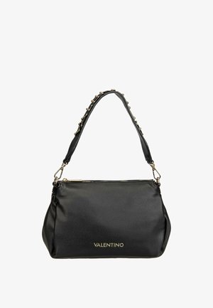 Zwarte Valentino schoudertas met gouden studs op de band, gouden ritssluiting en gouden logo aan de voorkant, gemaakt van getextureerd leer.