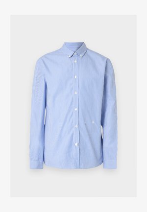 Camisa de botões às riscas azuis e brancas com colarinho clássico, mangas compridas e botões brancos; feita de tecido liso com ligeira textura.