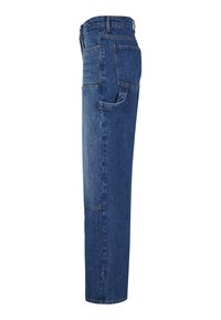 Dunkelblaue Jeans mit geradem Beindesign. Verfügt über eine Gesäßtasche und Seitenschlaufen. Strukturiert mit sichtbaren Nähdetails.