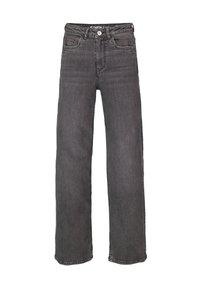Jeans de mezclilla gris con un corte holgado, diseño de pierna recta, estilo de cinco bolsillos y costuras en contraste. Cierre de botón metálico simple en la cintura.