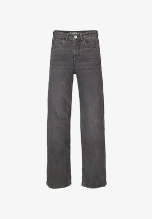 Grijze denim jeans met een losse pasvorm, rechte pijpdesign, vijf-pocket stijl, en contrasterende stiksels. Eenvoudige metalen knoopsluiting in de taille.