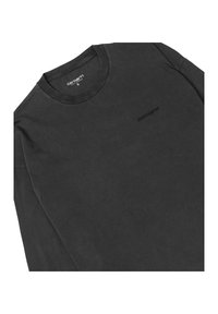 T-shirt nera a maniche lunghe in cotone, con colletto girocollo, vestibilità comoda e un logo anteriore sottile in nero abbinato.