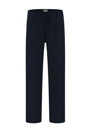 Marineblaue Hose mit geradem Bein, Bund, Gürtelschlaufen und vorderer Bindeschließe.
