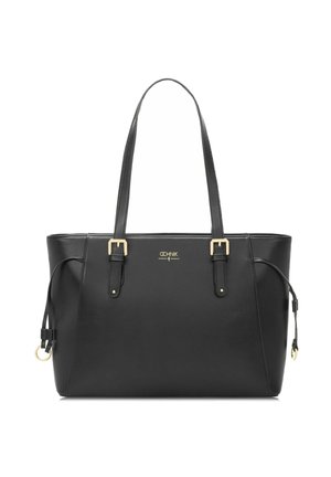 Czarna skórzana torba typu tote z dwoma paskami na ramię, złotymi klamrami oraz małym złotym logo marki na przedniej części w centrum.