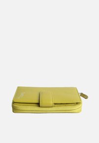 Yellow leather wallet with a smooth texture, rectangular shape, zip closure, and stitching detail. Features a front flap with a snap.