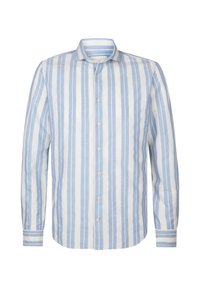 Camicia a maniche lunghe blu chiaro e bianca a righe, realizzata in lino, con chiusura frontale a bottoni e colletto classico con accenti a righe in contrasto.
