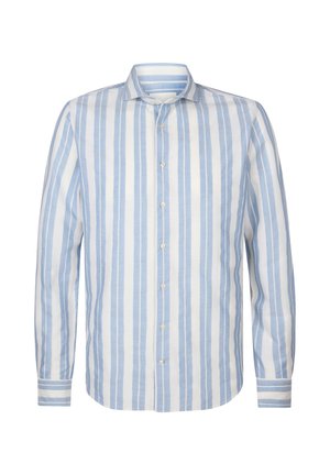Camicia a maniche lunghe blu chiaro e bianca a righe, realizzata in lino, con chiusura frontale a bottoni e colletto classico con accenti a righe in contrasto.