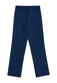 Dunkelblaue Hose aus weichem, leichtem Stoff. Mit einem elastischen Bund und einem geraden Bein-Design ohne Taschen.