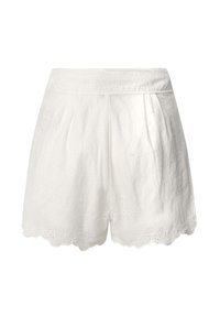 Weiße Shorts aus strukturiertem Stoff, mit einem gestickten Blumenmuster, einem gewellten Saum und einem plissierten Bund.